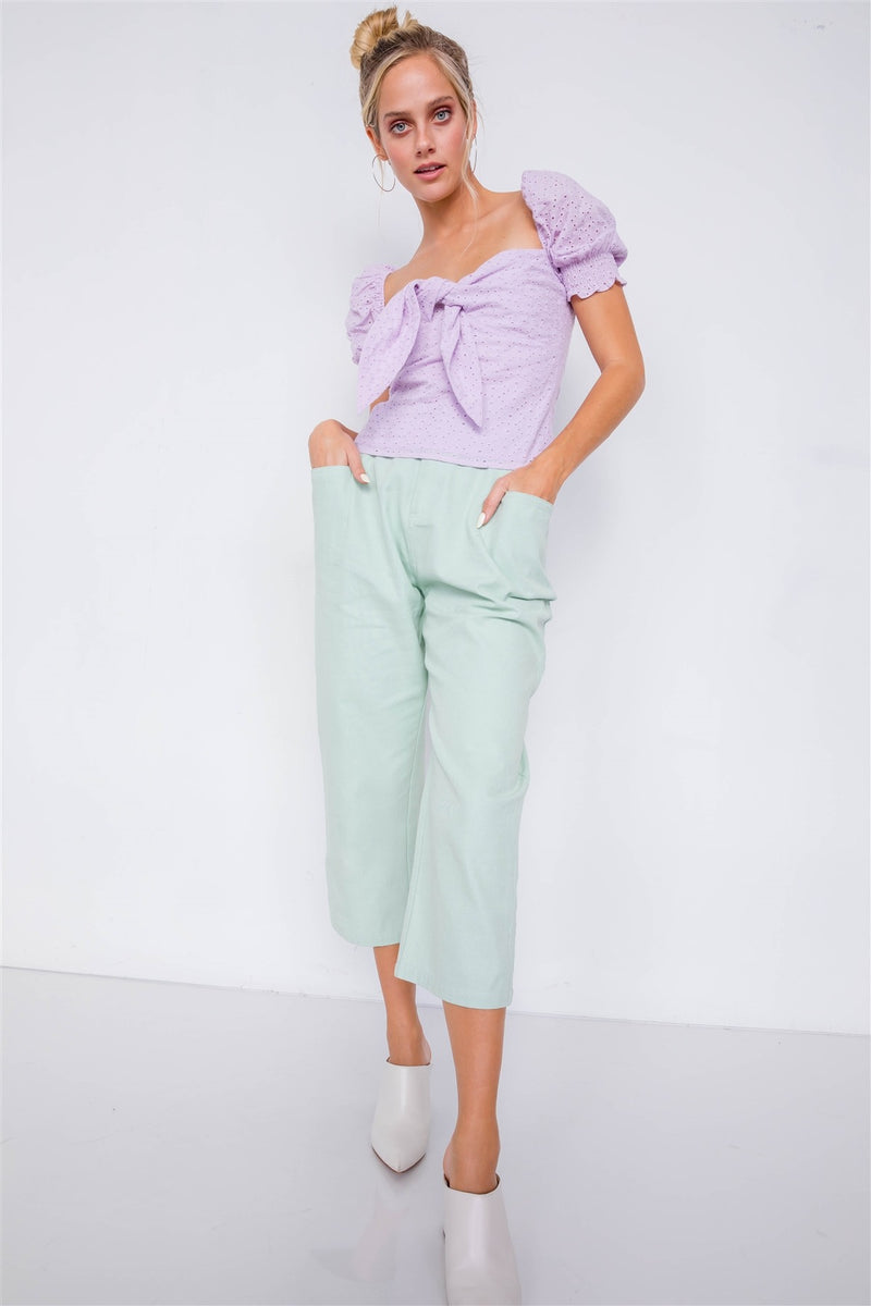 Pastel Chic Solid Ankle Wide Leg Adjustable Snap Waist Pants - YuppyCollections