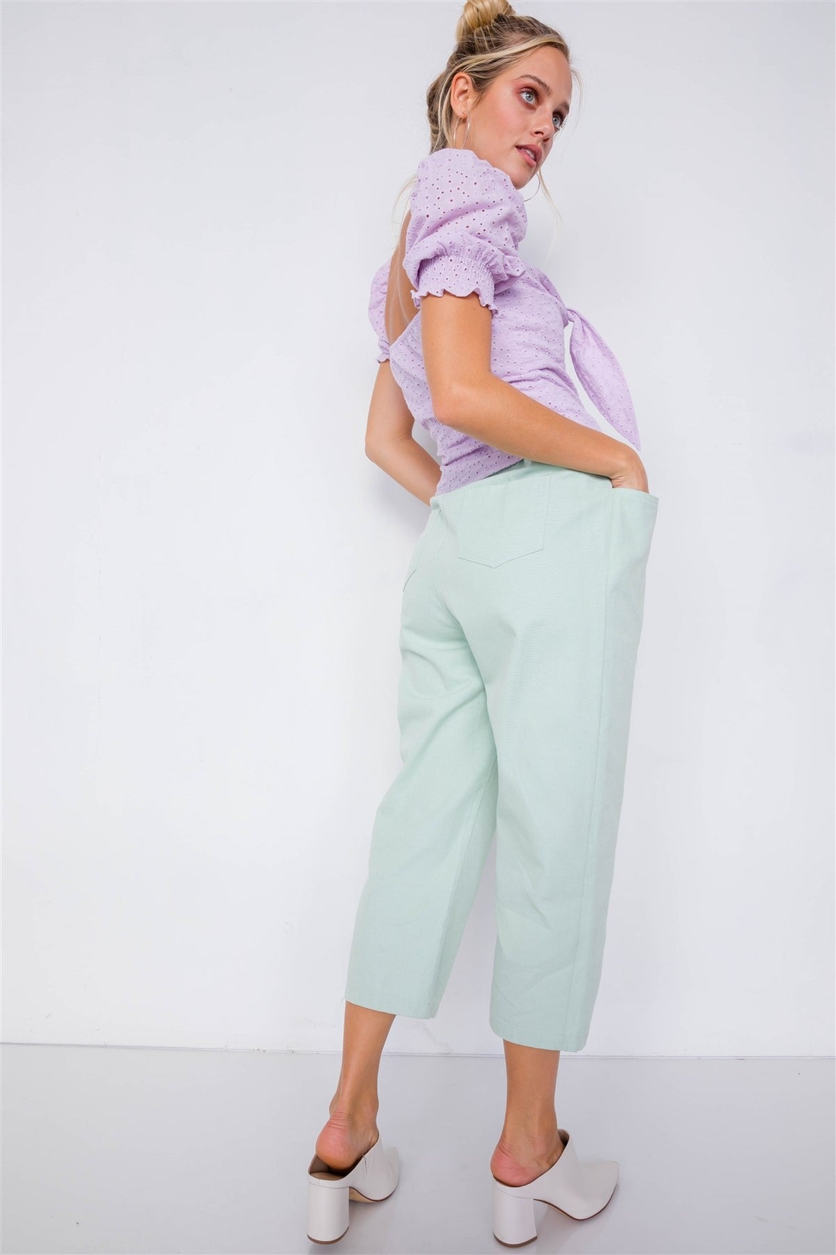 Pastel Chic Solid Ankle Wide Leg Adjustable Snap Waist Pants - YuppyCollections