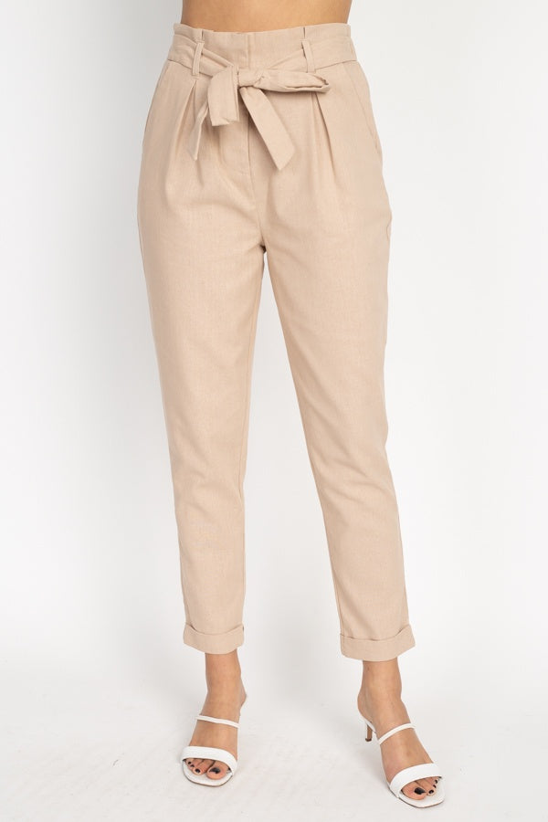 Belted Linen Paper Bag Pants - YuppyCollections