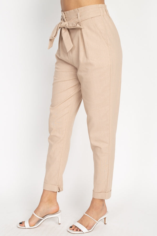 Belted Linen Paper Bag Pants - YuppyCollections