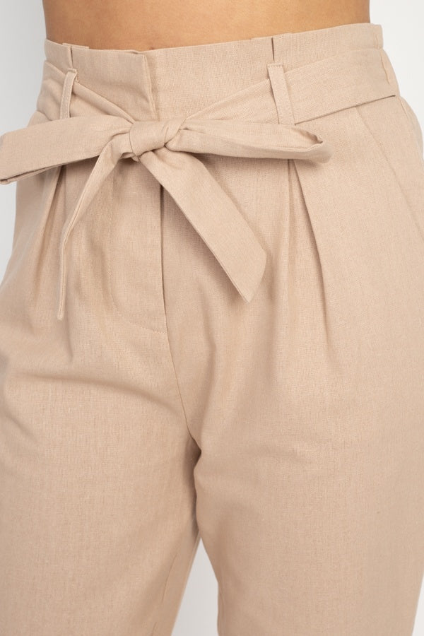 Belted Linen Paper Bag Pants - YuppyCollections