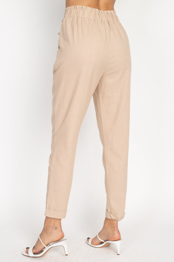 Belted Linen Paper Bag Pants - YuppyCollections