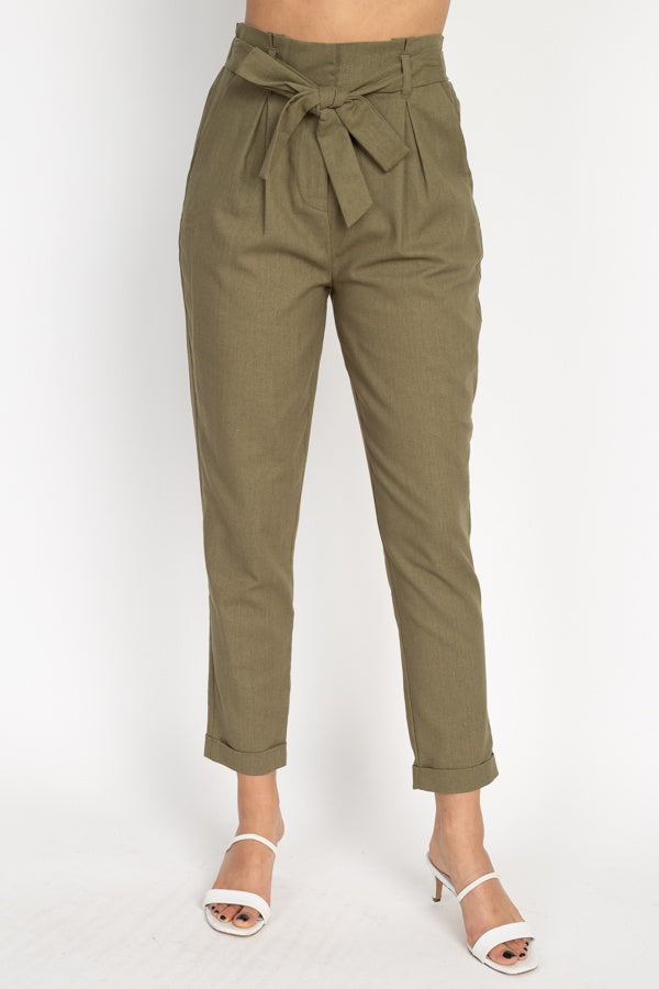 Belted Linen Paper Bag Pants - YuppyCollections