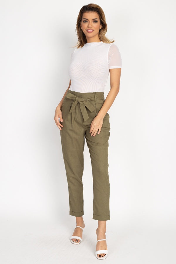 Belted Linen Paper Bag Pants - YuppyCollections