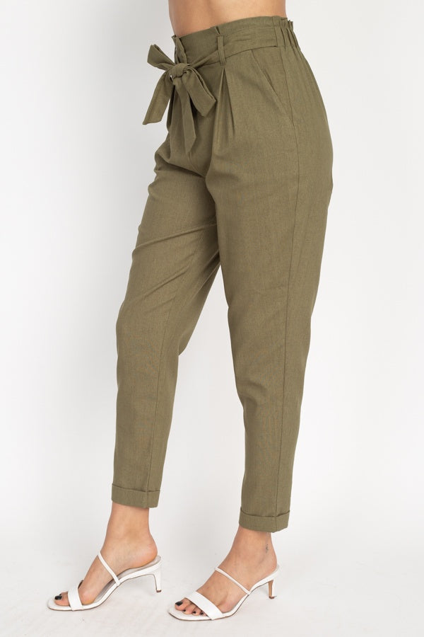 Belted Linen Paper Bag Pants - YuppyCollections