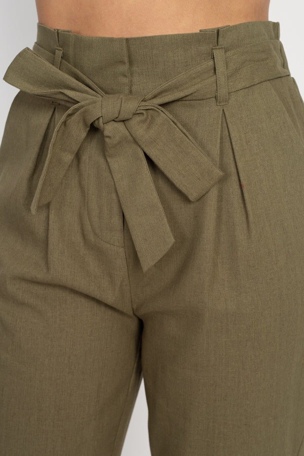 Belted Linen Paper Bag Pants - YuppyCollections