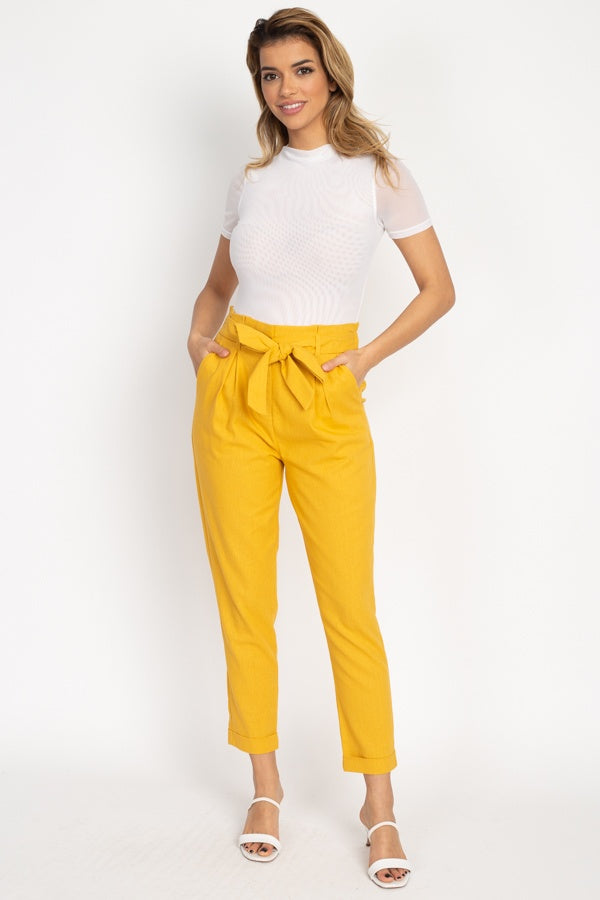 Belted Linen Paper Bag Pants - YuppyCollections