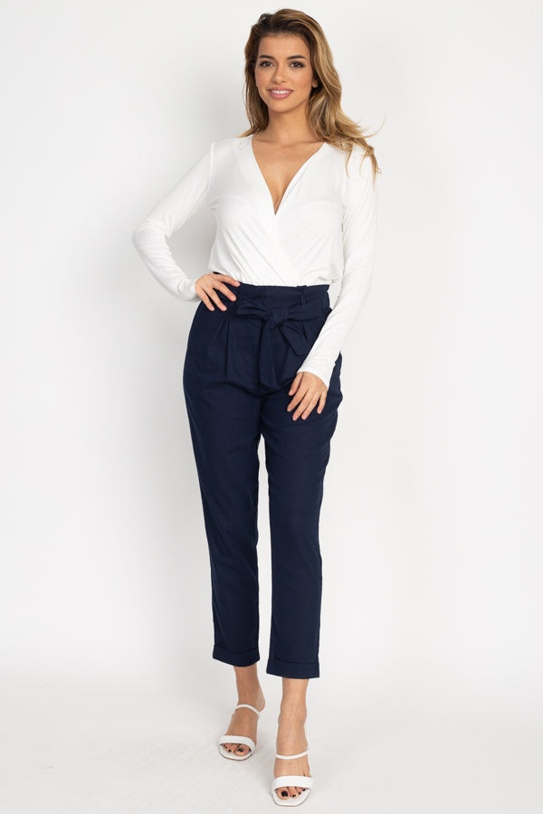 Belted Linen Paper Bag Pants - YuppyCollections