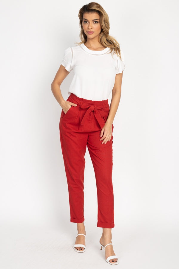 Belted Linen Paper Bag Pants - YuppyCollections