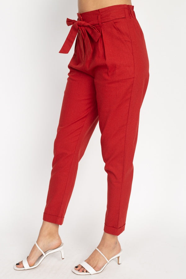 Belted Linen Paper Bag Pants - YuppyCollections