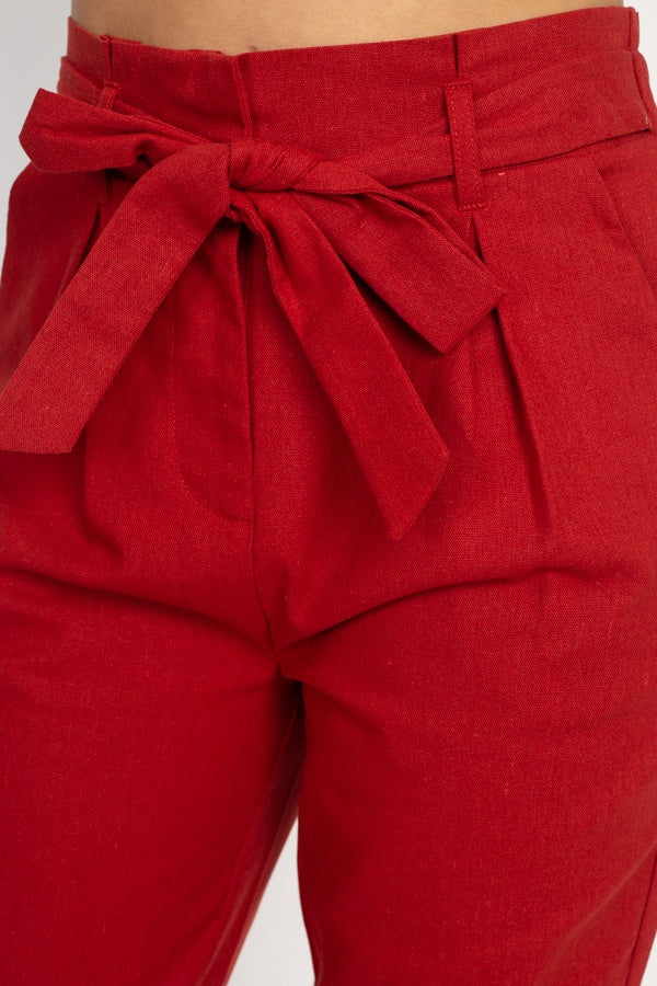 Belted Linen Paper Bag Pants - YuppyCollections