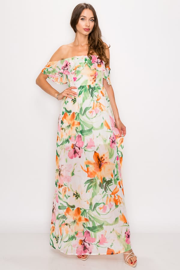 Floral Print Ruffled Off Shoulder Maxi Dress - YuppyCollections