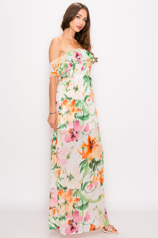 Floral Print Ruffled Off Shoulder Maxi Dress - YuppyCollections