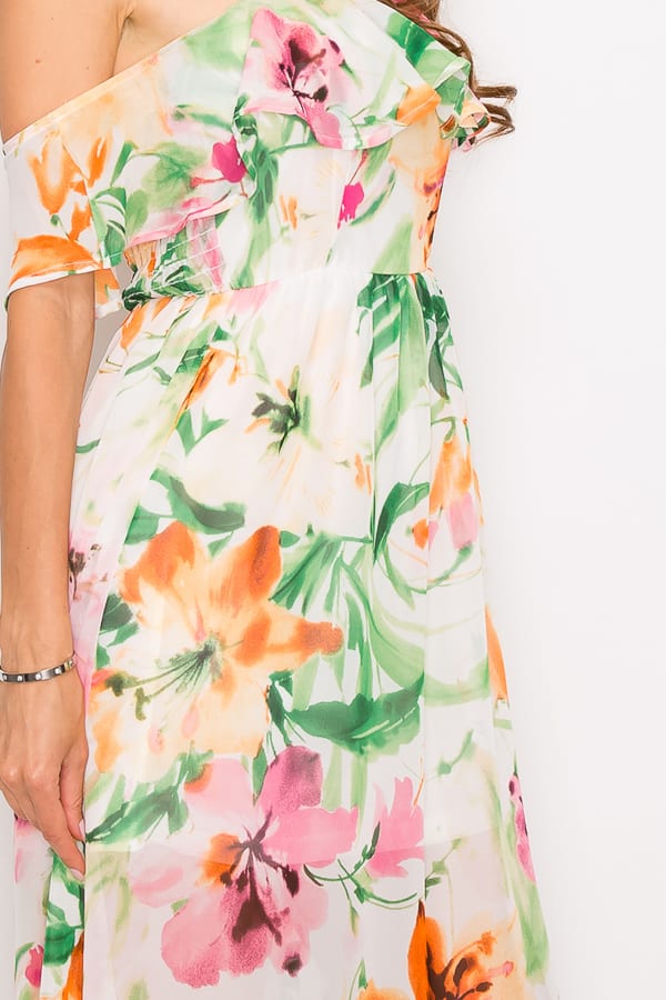 Floral Print Ruffled Off Shoulder Maxi Dress - YuppyCollections