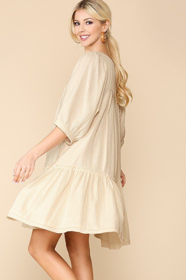 3/4 Sleeve Pocket Ruffle Pintuck Swing Dress - YuppyCollections