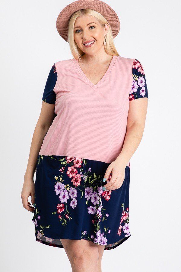 Short Sleeve Floral Blocked Midi Dress With Front Pocket - YuppyCollections