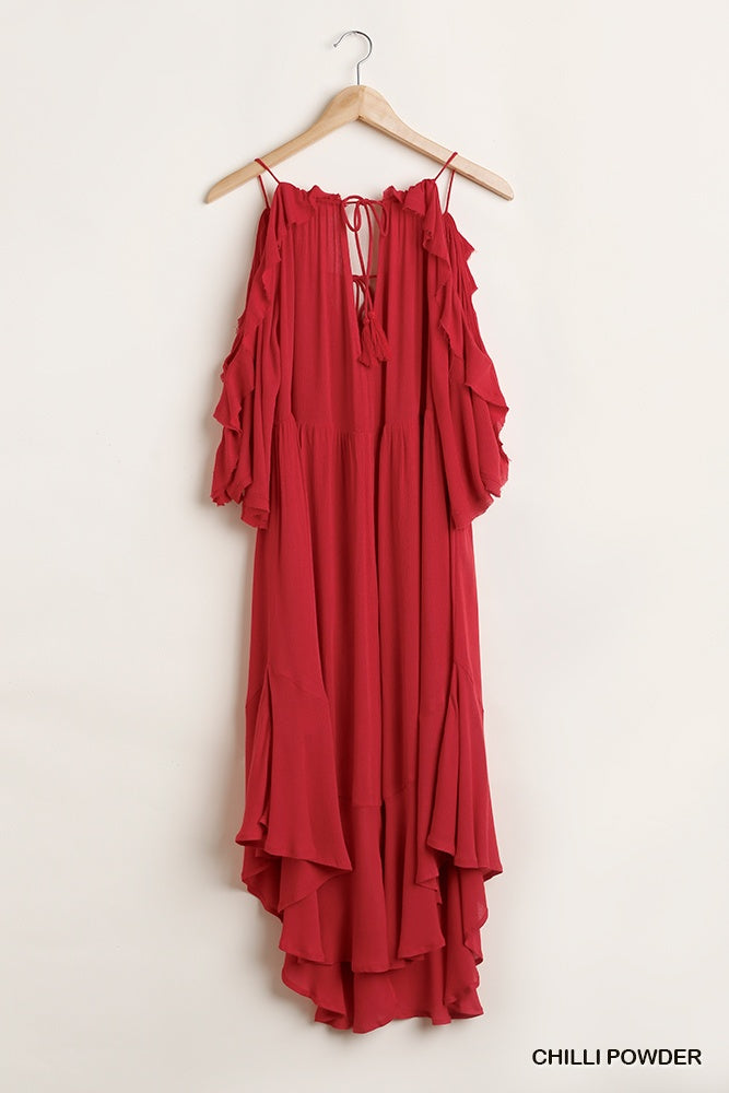 Ruffled Cold Shoulder Maxi Dress With Front Tassel Tie - YuppyCollections