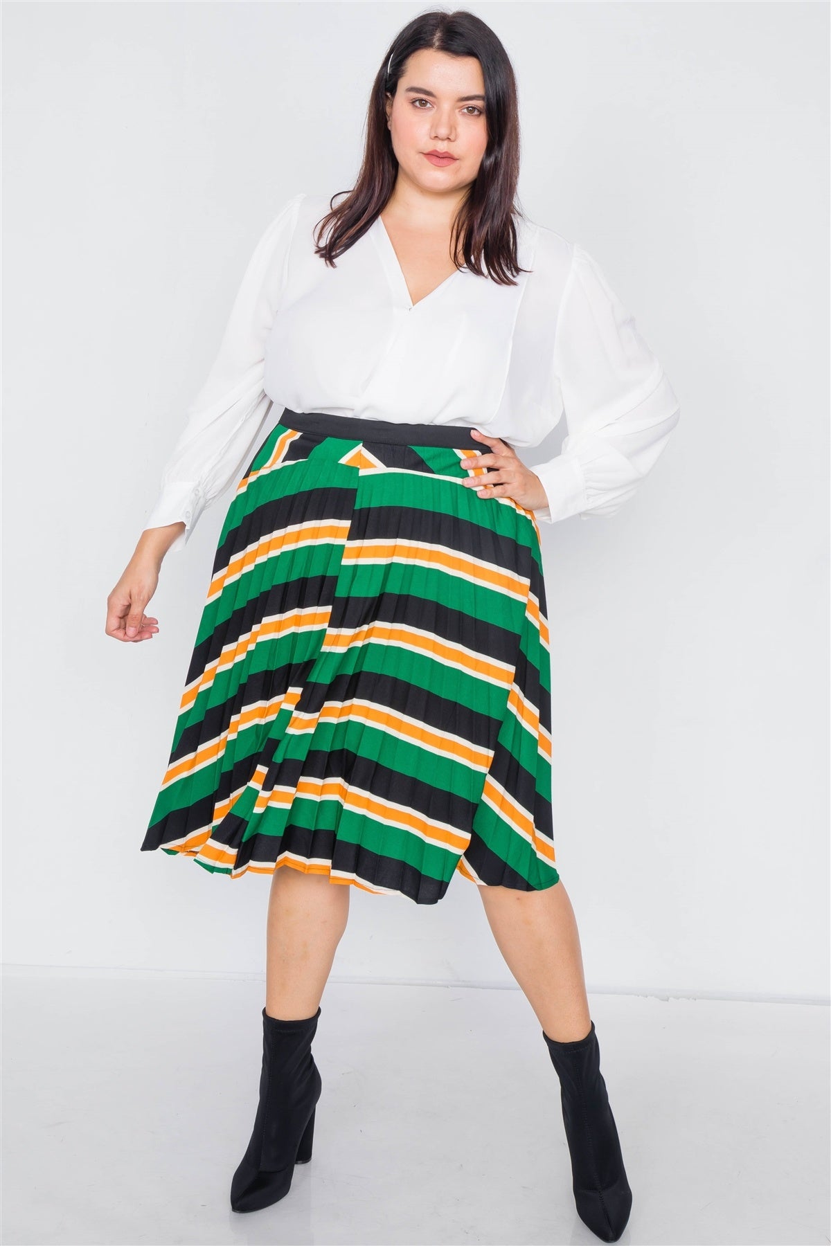 Plus Size Green Multi Stripe Pleated Midi Skirt - YuppyCollections