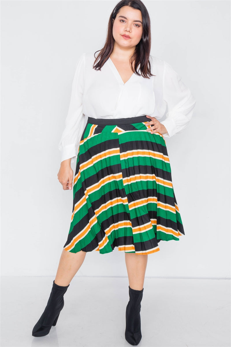 Plus Size Green Multi Stripe Pleated Midi Skirt - YuppyCollections