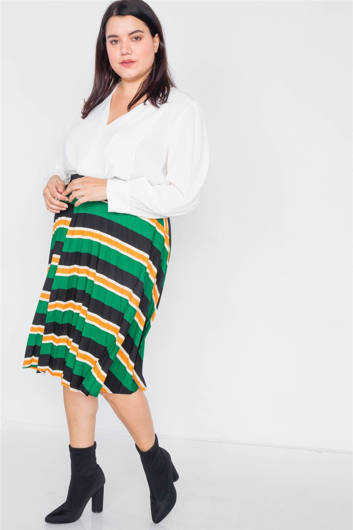 Plus Size Green Multi Stripe Pleated Midi Skirt - YuppyCollections