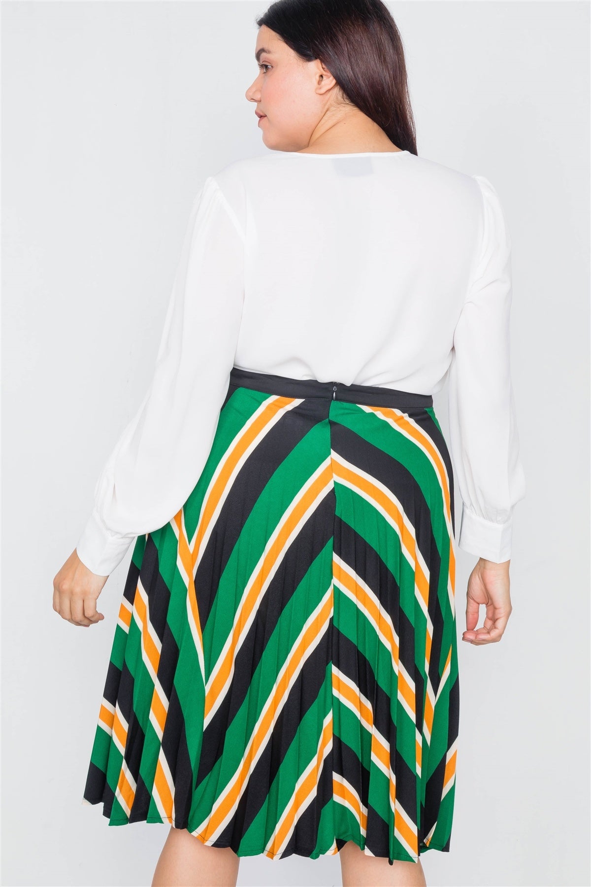 Plus Size Green Multi Stripe Pleated Midi Skirt - YuppyCollections