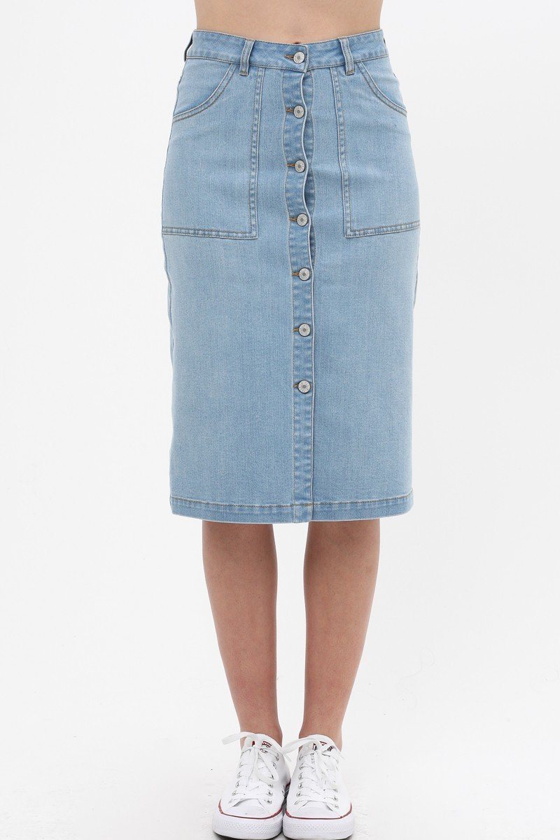 Denim Mid Thigh Length Skirt With Button Down Front Detail - YuppyCollections