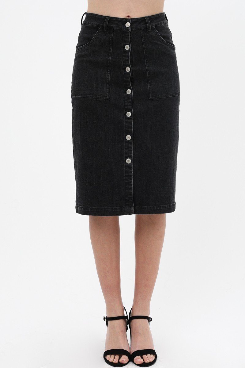 Denim Mid Thigh Length Skirt With Button Down Front Detail - YuppyCollections