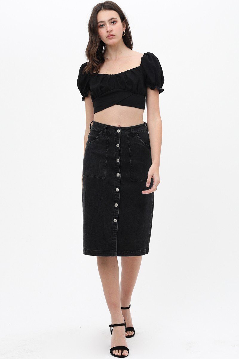 Denim Mid Thigh Length Skirt With Button Down Front Detail - YuppyCollections