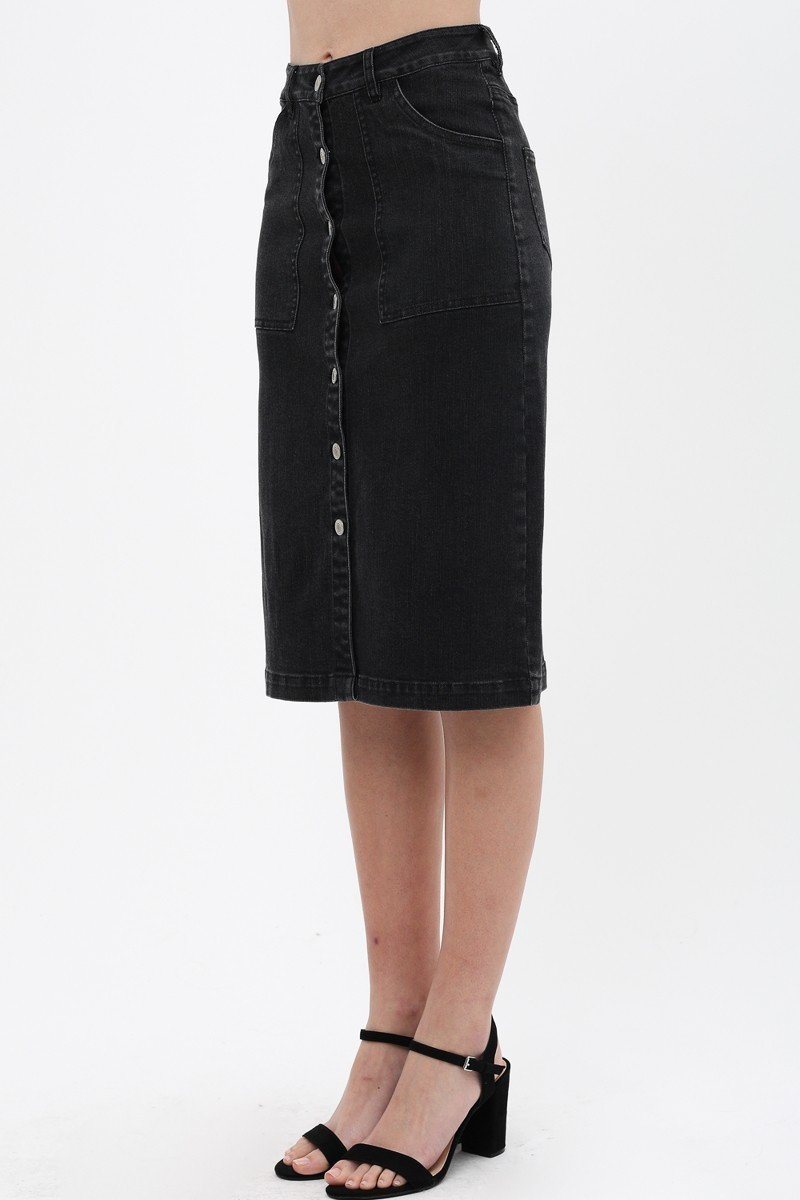 Denim Mid Thigh Length Skirt With Button Down Front Detail - YuppyCollections