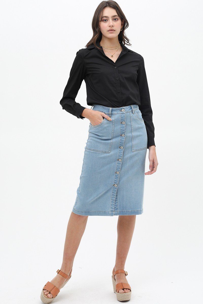 Denim Mid Thigh Length Skirt With Button Down Front Detail - YuppyCollections