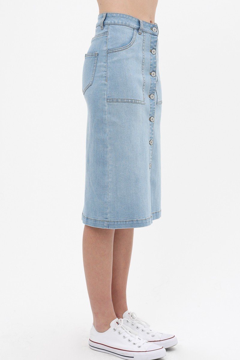 Denim Mid Thigh Length Skirt With Button Down Front Detail - YuppyCollections