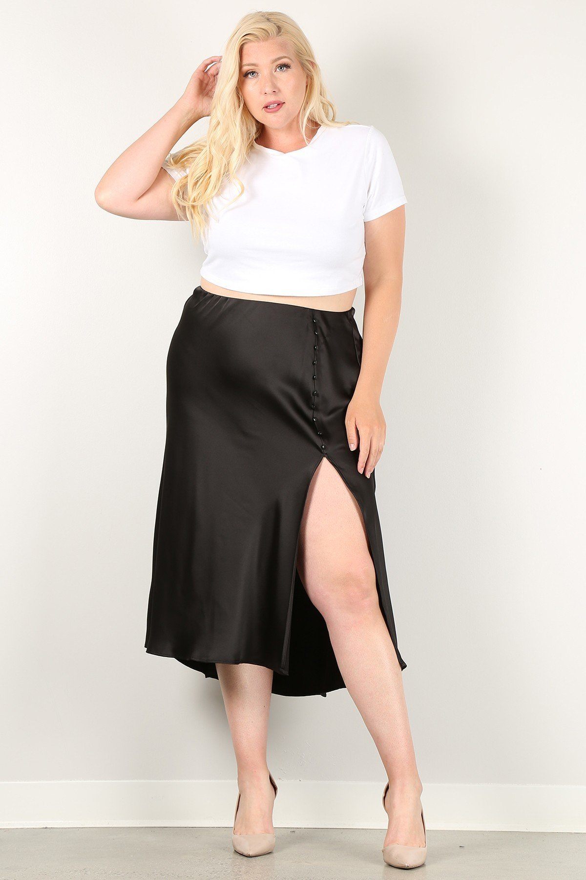 Solid High-waist Skirt With Button Trim And Side Slit - YuppyCollections