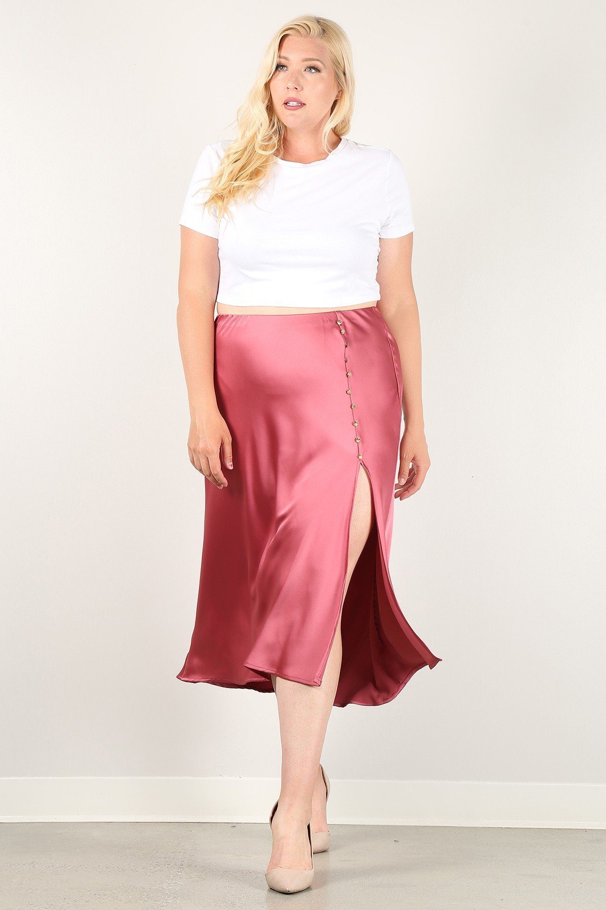 Solid High-waist Skirt With Button Trim And Side Slit - YuppyCollections