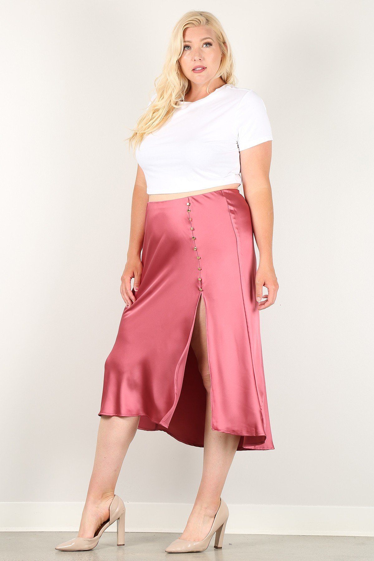 Solid High-waist Skirt With Button Trim And Side Slit - YuppyCollections