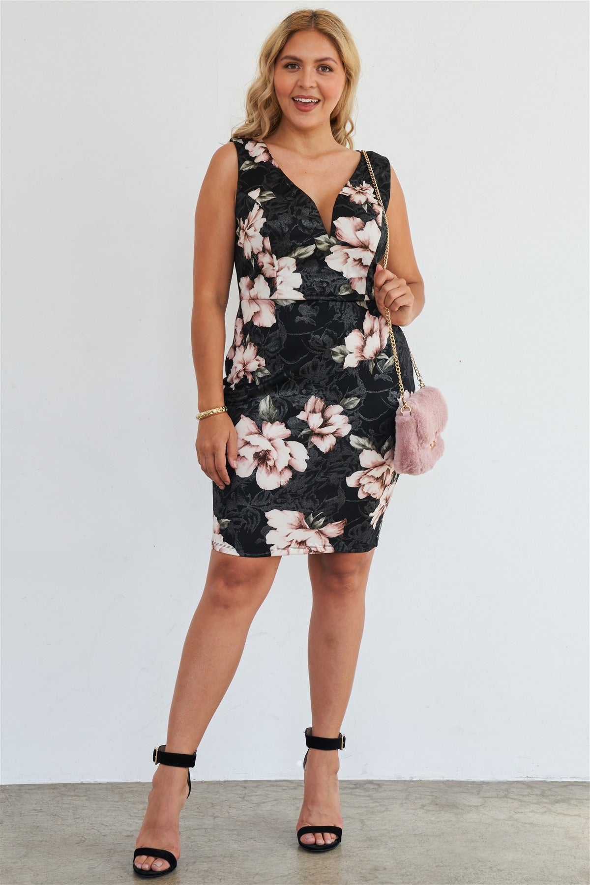 Plus Size Silver Pink Floral Print Bodycon Lace Up Back Midi Dress - YuppyCollections