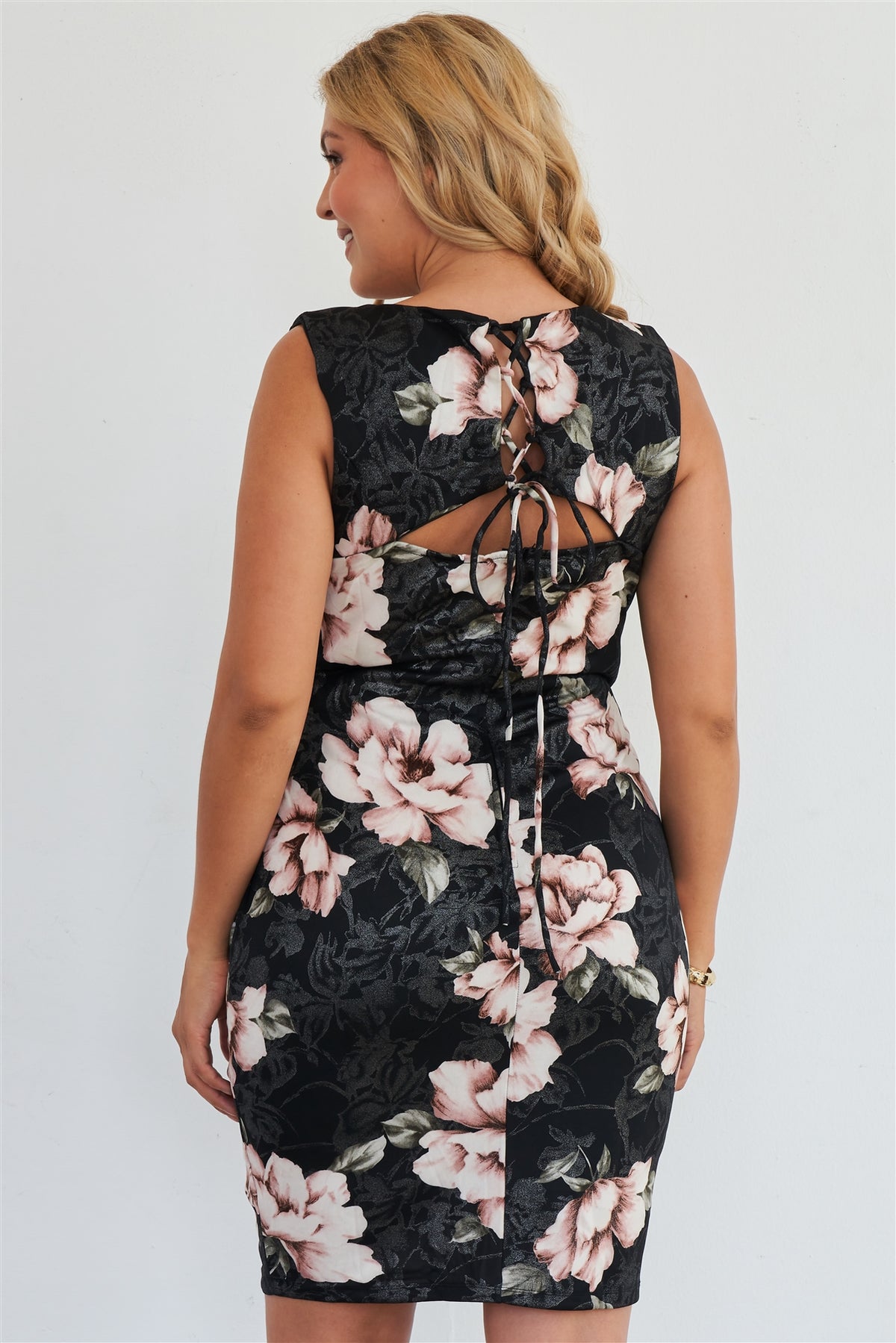 Plus Size Silver Pink Floral Print Bodycon Lace Up Back Midi Dress - YuppyCollections