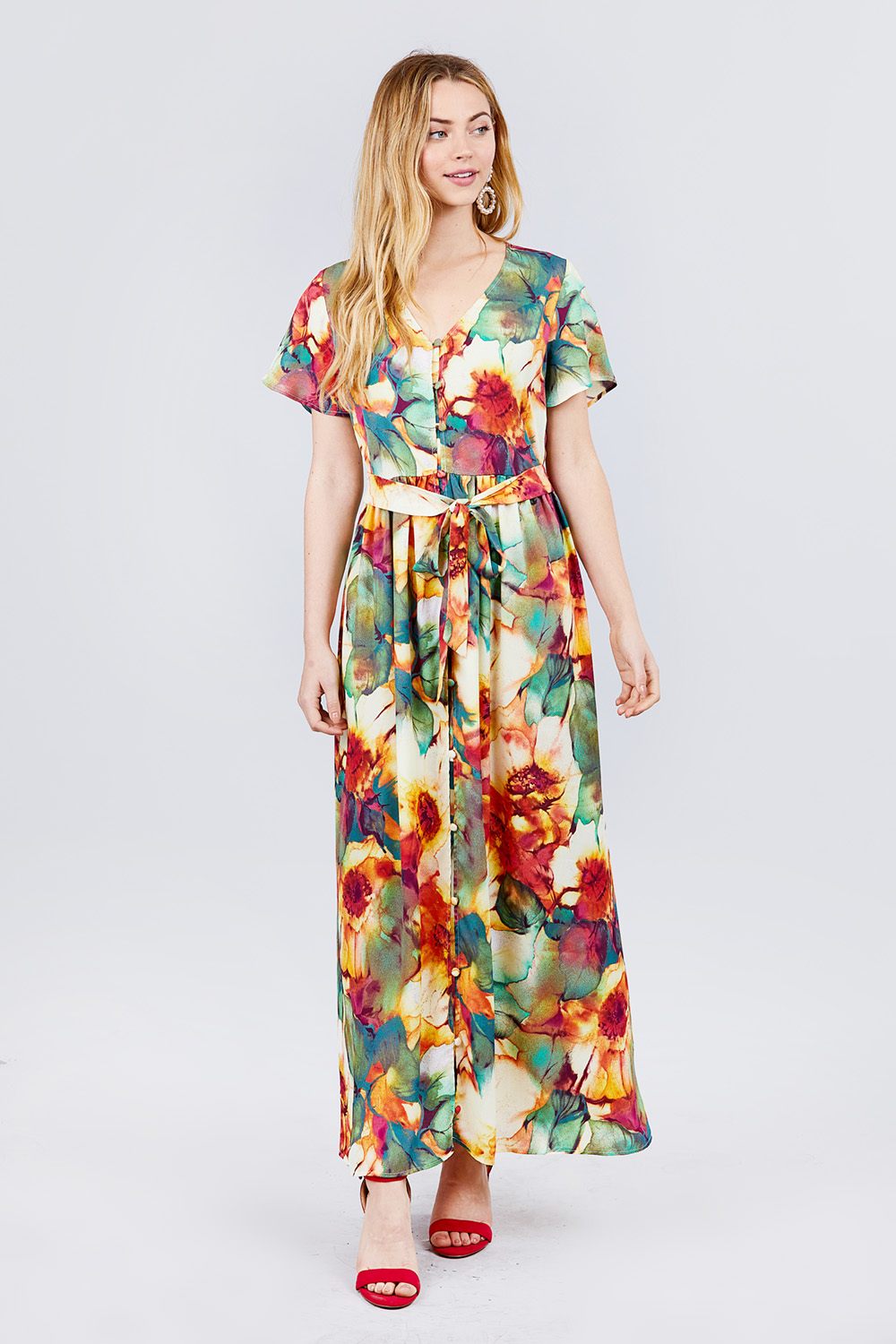 Short Sleeve V-neck Button Down Belted Print Woven Maxi Dress - YuppyCollections