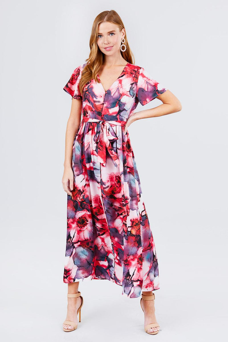 Short Sleeve V-neck Button Down Belted Print Woven Maxi Dress - YuppyCollections