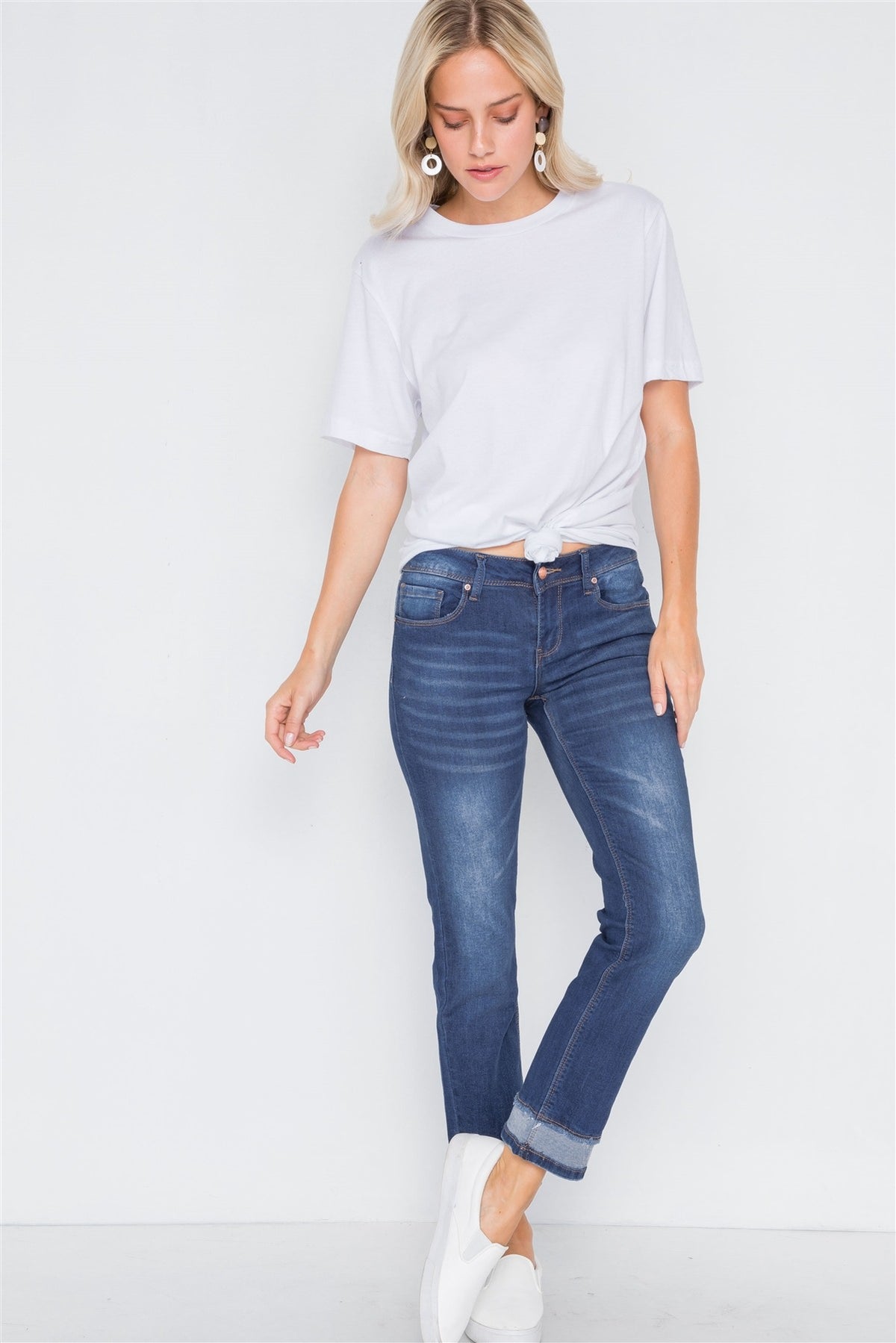 Dark Blue Mid-rise Contrast Hem Jeans Pants - YuppyCollections