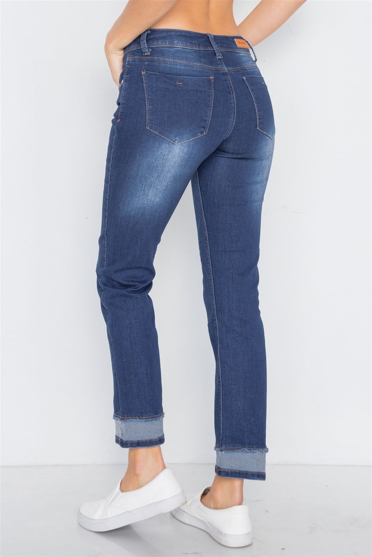 Dark Blue Mid-rise Contrast Hem Jeans Pants - YuppyCollections