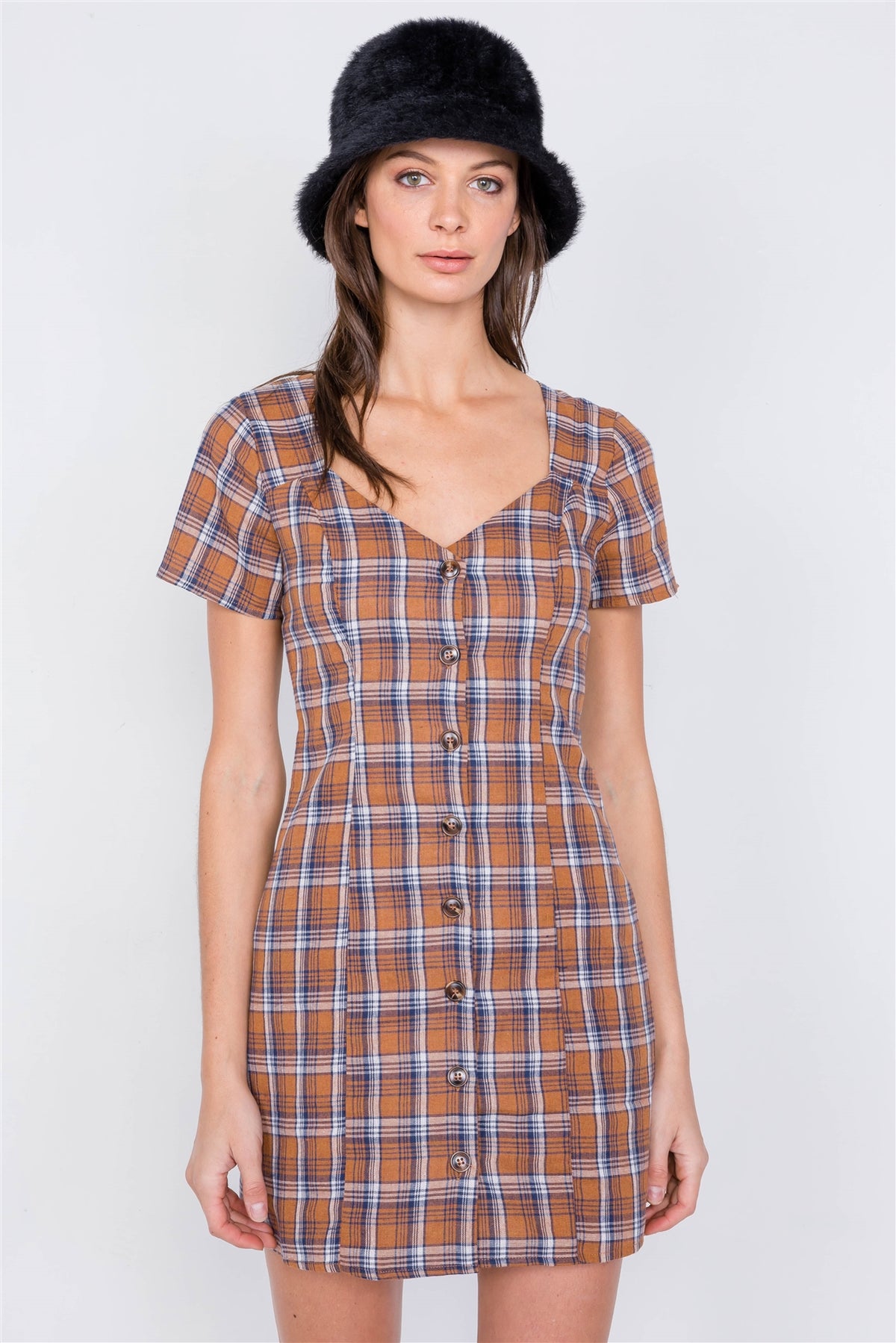 Brown Multi Checkered Stripe Casual Open Back Vintage Mini Dress - YuppyCollections