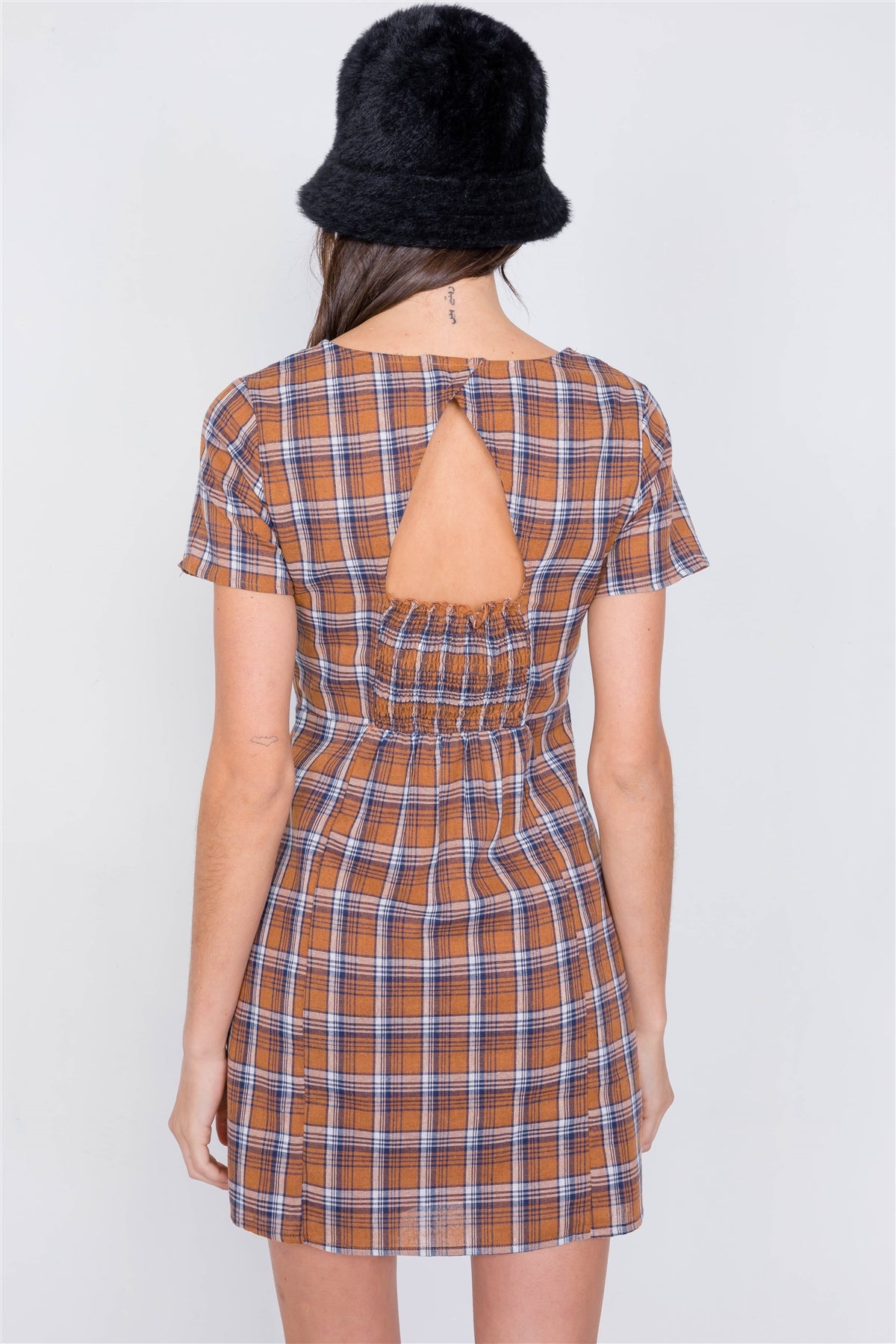 Brown Multi Checkered Stripe Casual Open Back Vintage Mini Dress - YuppyCollections