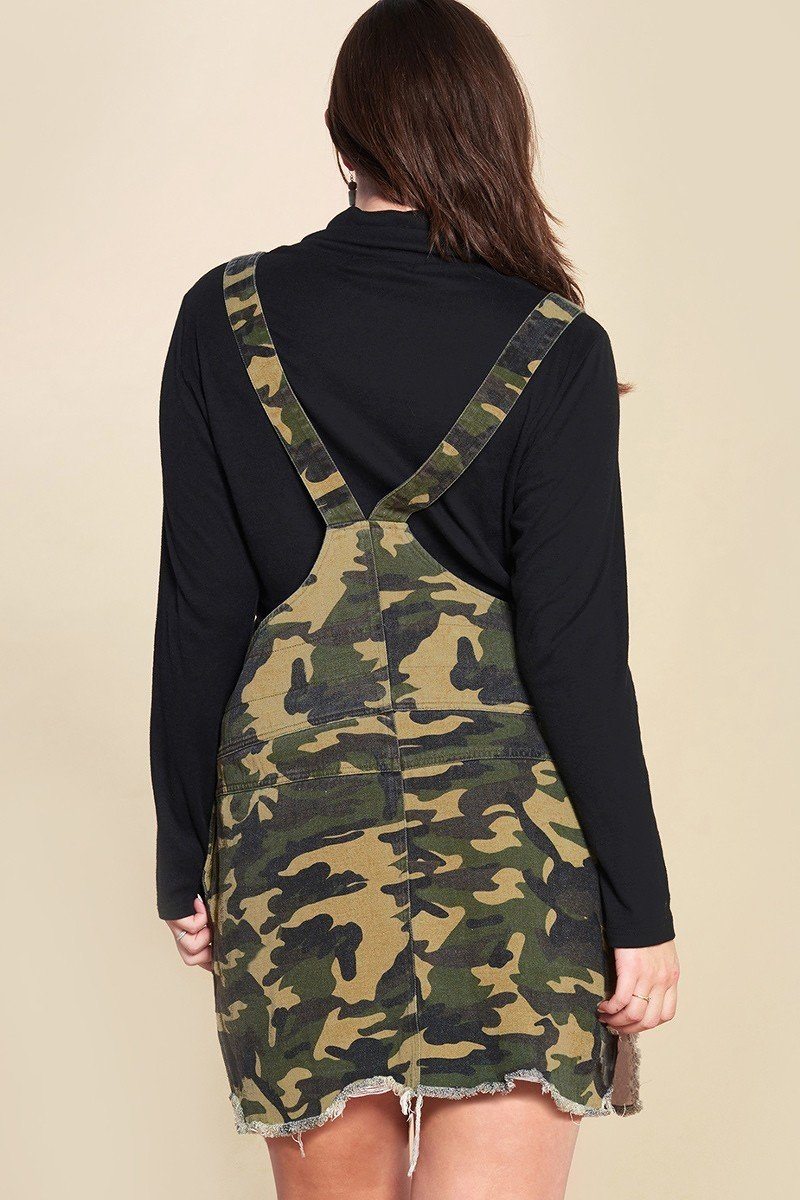 Camouflage Printed Overall Mini Dress Featuring Pockets And Frayed Hem - YuppyCollections