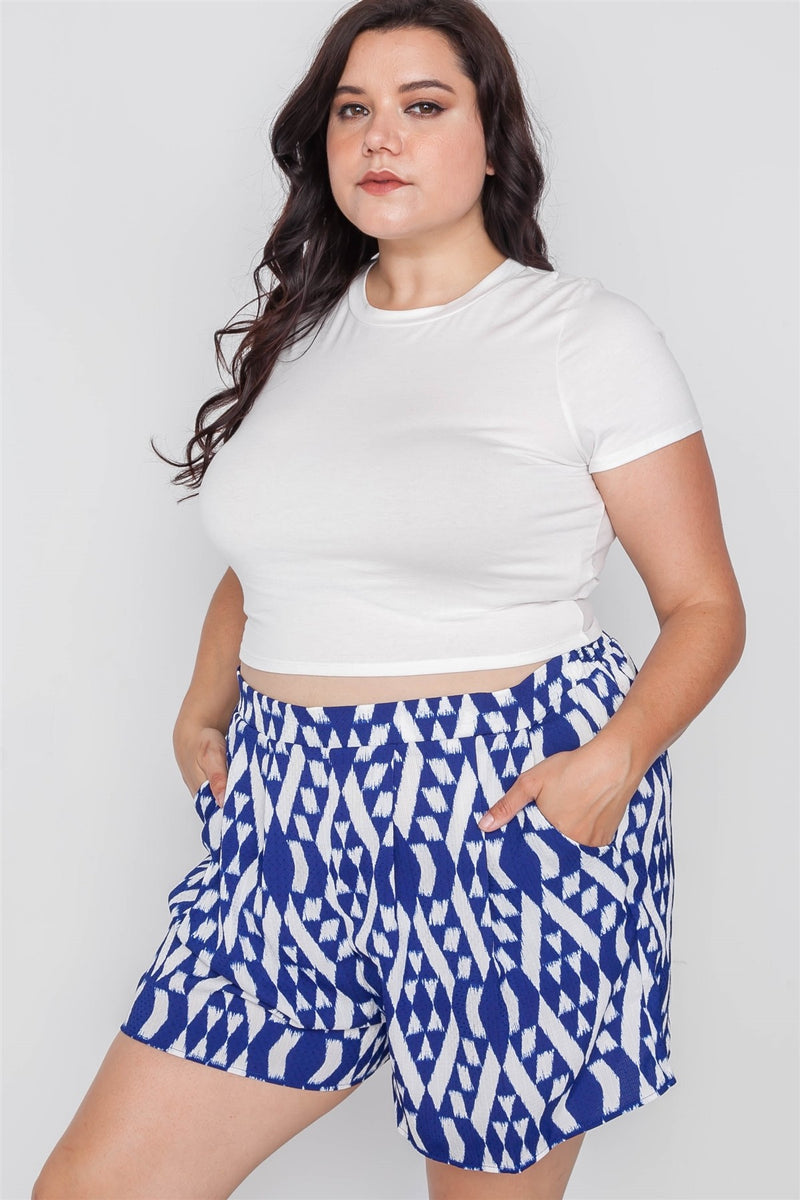 Plus Size Off White Blue Tribal Print High-waist Shorts - YuppyCollections