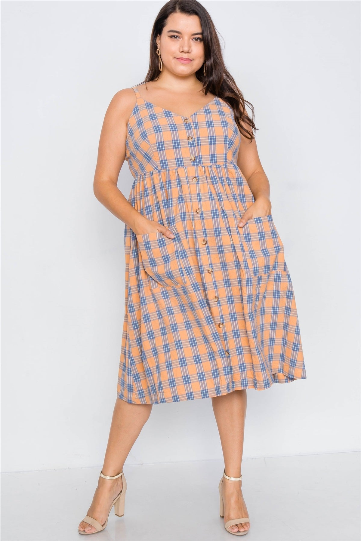 Plus Size Orange Plaid V-neck Midi Dress - YuppyCollections