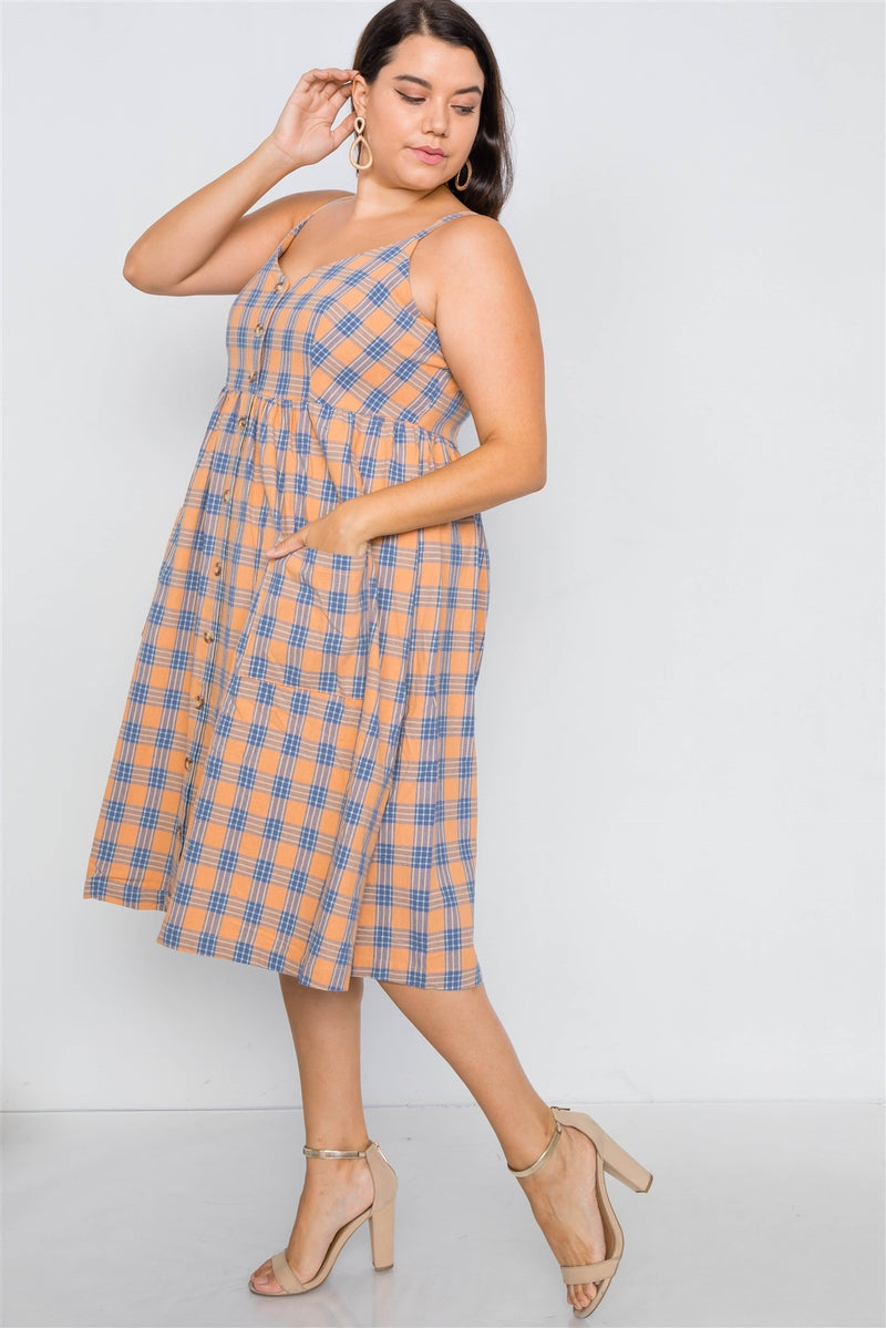 Plus Size Orange Plaid V-neck Midi Dress - YuppyCollections