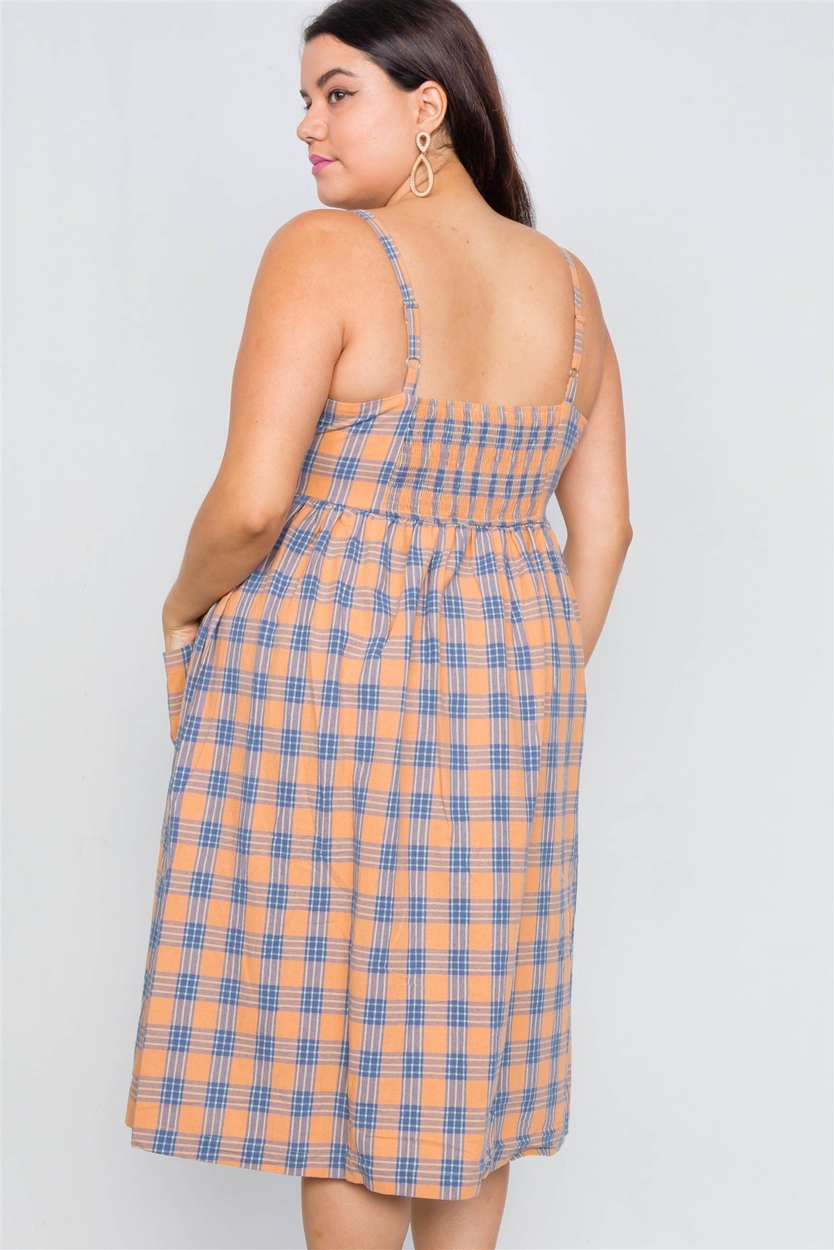 Plus Size Orange Plaid V-neck Midi Dress - YuppyCollections