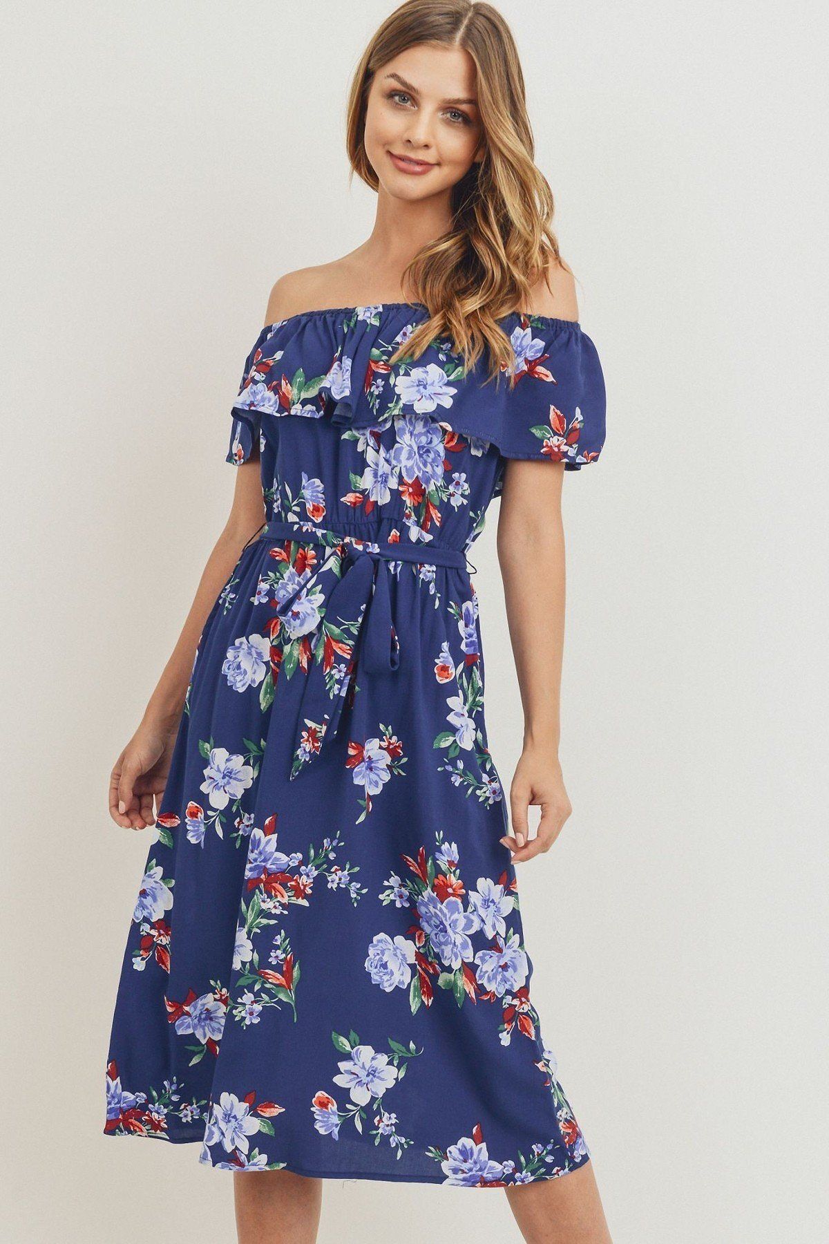 Off The Shoulder Waist Belt With Printed Midi Dress - YuppyCollections