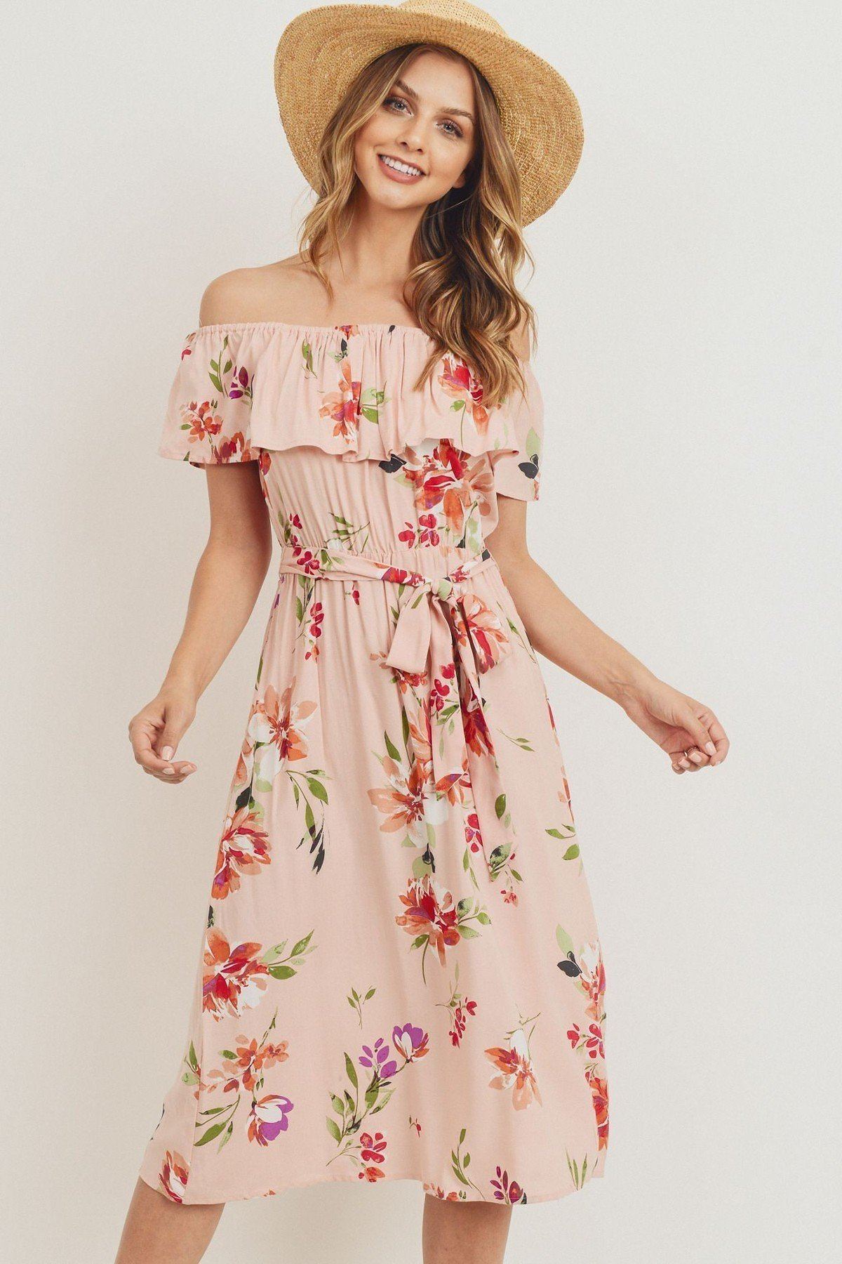 Off The Shoulder Waist Belt With Printed Midi Dress - YuppyCollections