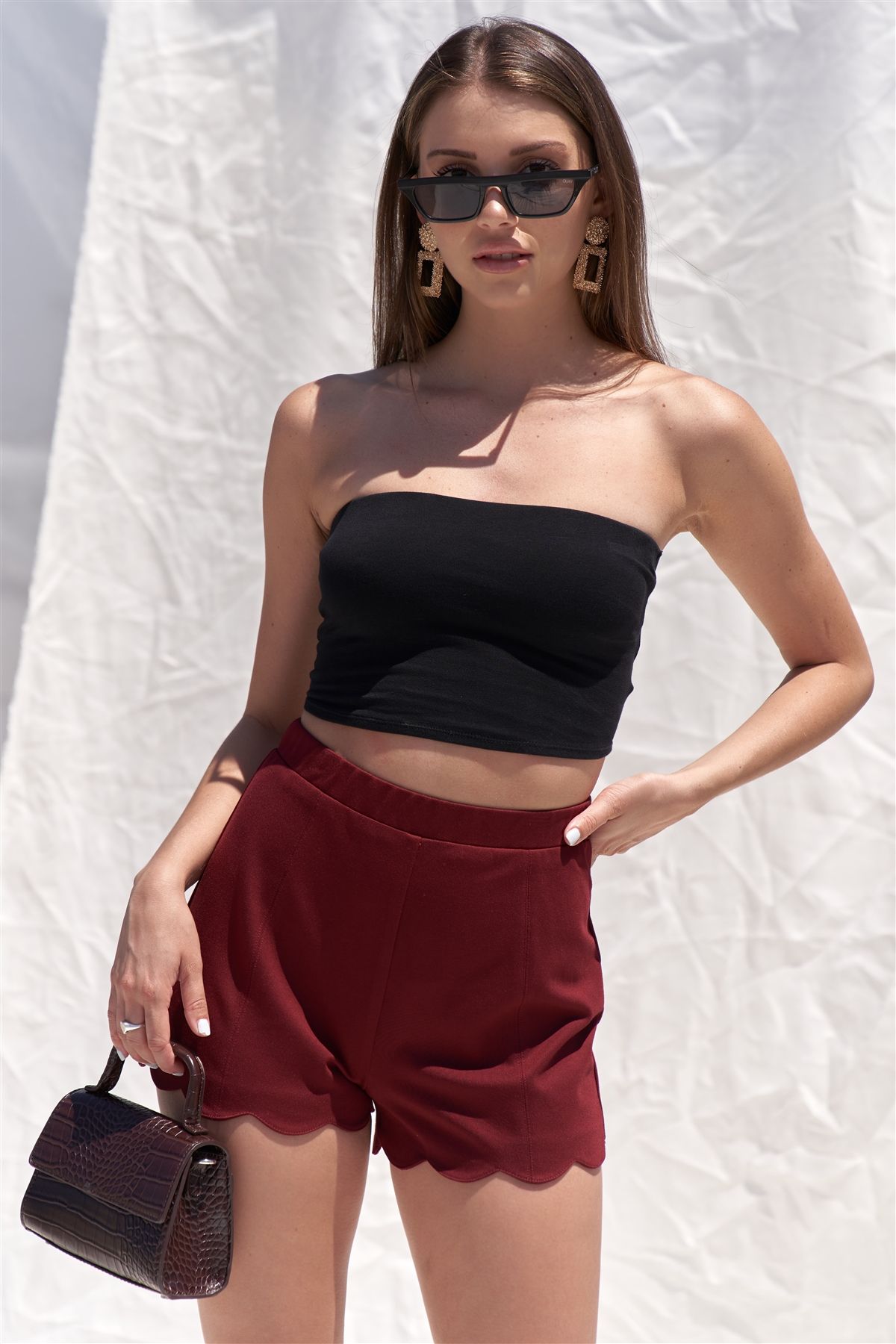 Solid Burgundy Red High Waist Elasticized Waistband Unlined Mini Shorts With Scalloped Bottom Hem - YuppyCollections